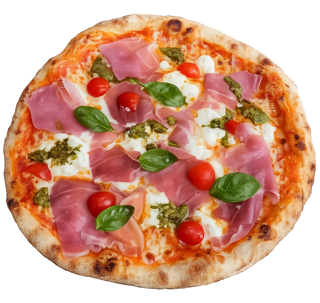 Pizza du mois avec jambon sec, tomates cerises, pesto, mozza di bufala et basilic